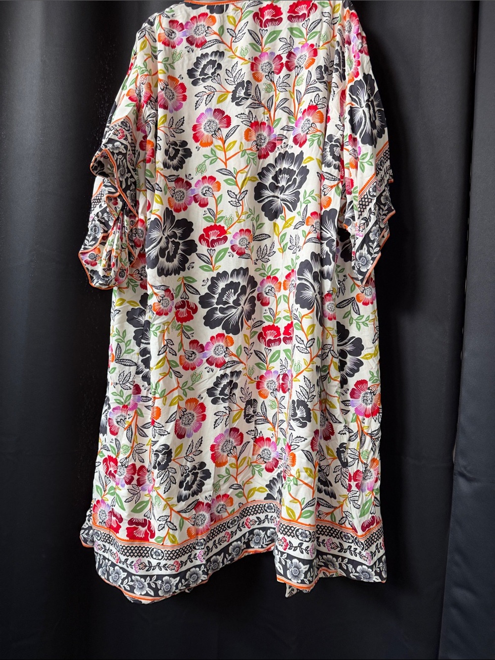 Cynthia Rowley White Floral Open Kimono with Black, Pink, Red, Green Accents - Picture 3 of 3